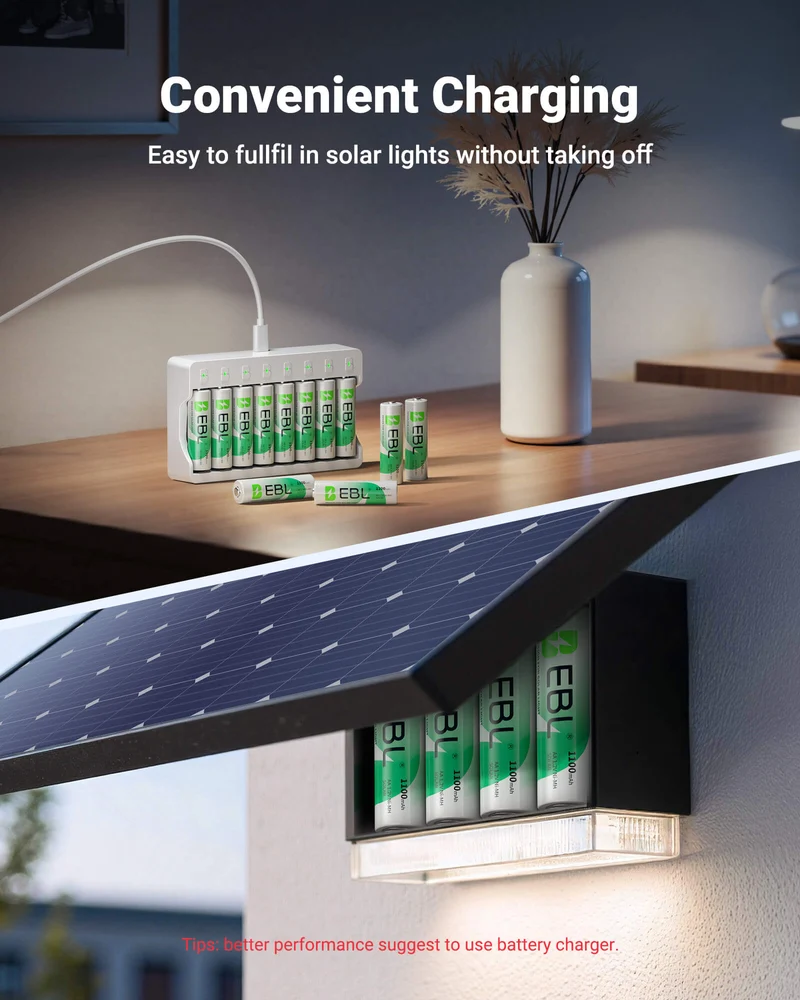 EBL 1.2V AA Rechargeable Batteries 1100mAh for Solar Lights