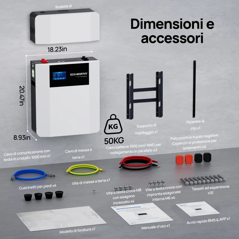 Batería de interior de montaje en pared ECO-WORTHY de 48V 100Ah con caja de conexiones | IEC 62619 | Apta para bajas temperaturas | 10 años de garantía