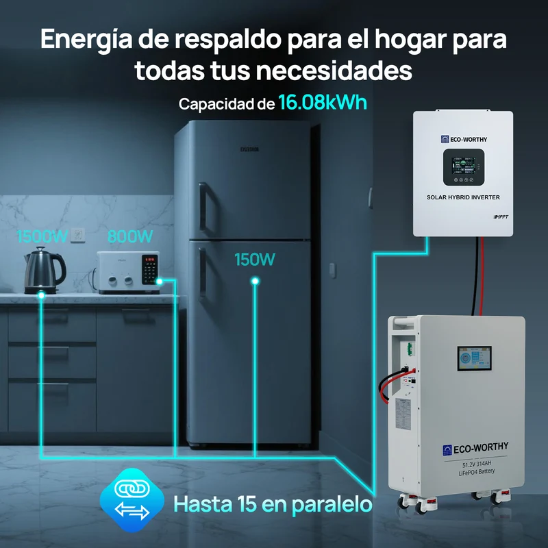 ECO-WORTHY Batería LiFePO4 de 48V 314Ah | Batería solar de emergencia para el hogar
