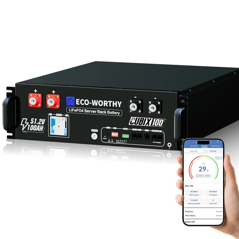 ECO - WORTHY Batería para rack de servidorc Batería para rack de servidor de 48V(51,2V) 100 Ah LiFePO4, tamaño 3U, con Bluetooth y wifi
