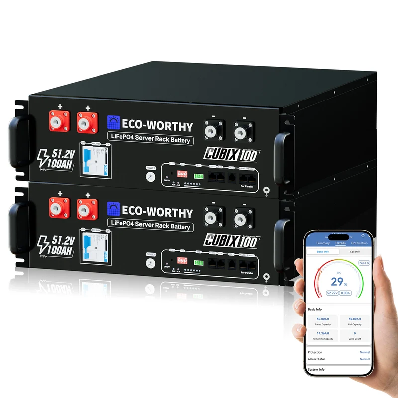 ECO - WORTHY Batería para rack de servidorc Batería para rack de servidor de 48V(51,2V) 100 Ah LiFePO4, tamaño 3U, con Bluetooth y wifi