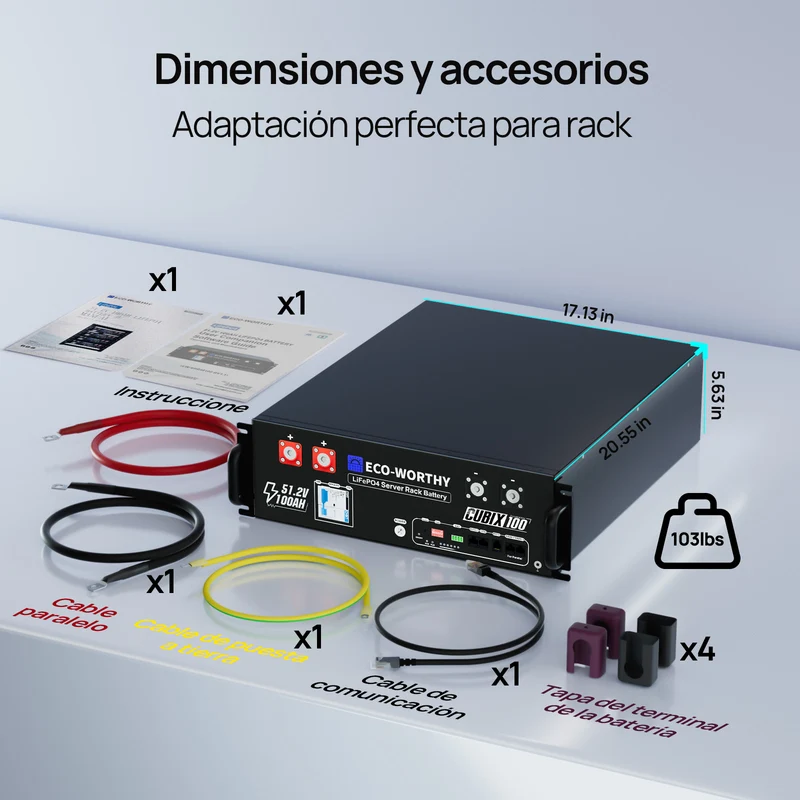 ECO - WORTHY Batería para rack de servidorc Batería para rack de servidor de 48V(51,2V) 100 Ah LiFePO4, tamaño 3U, con Bluetooth y wifi