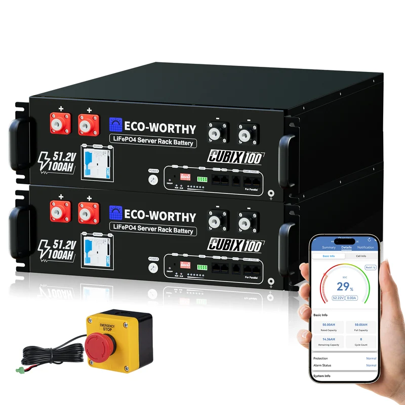 ECO - WORTHY Batería para rack de servidorc Batería para rack de servidor de 48V(51,2V) 100 Ah LiFePO4, tamaño 3U, con Bluetooth y wifi