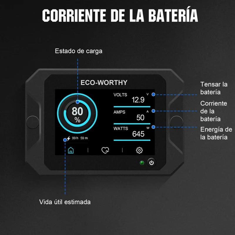 Monitor de batería con 3.5" pantalla táctil de 300A con sensor Hall para baterías AGM y de litio (LiFePO4)