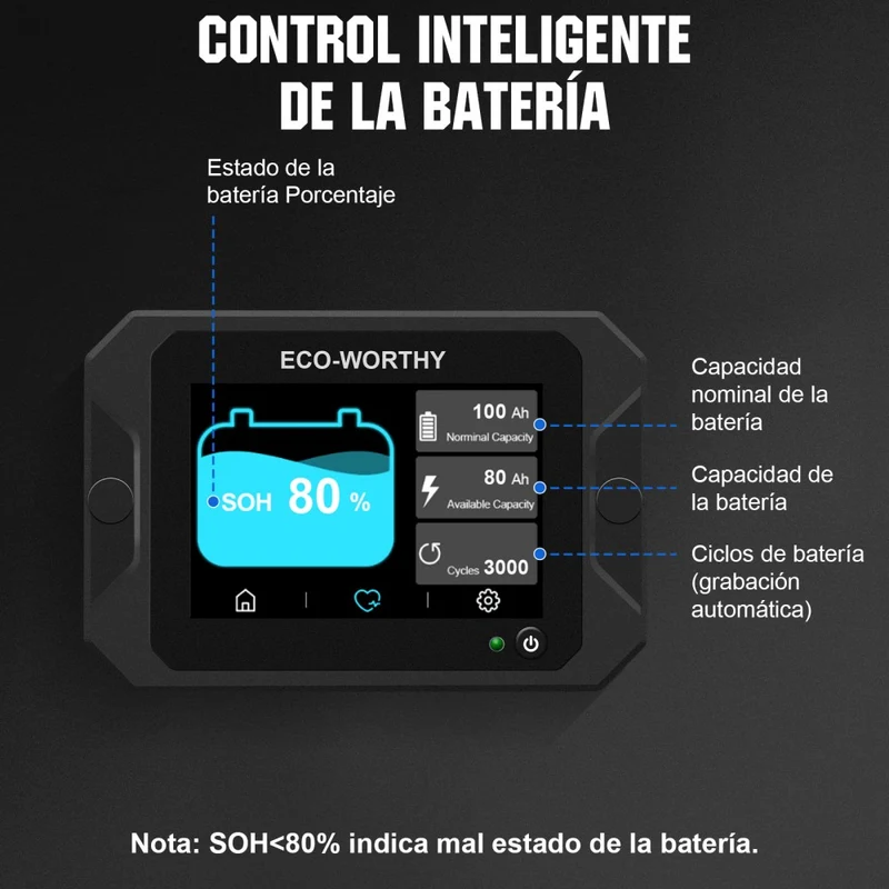 Monitor de batería con 3.5" pantalla táctil de 300A con sensor Hall para baterías AGM y de litio (LiFePO4)