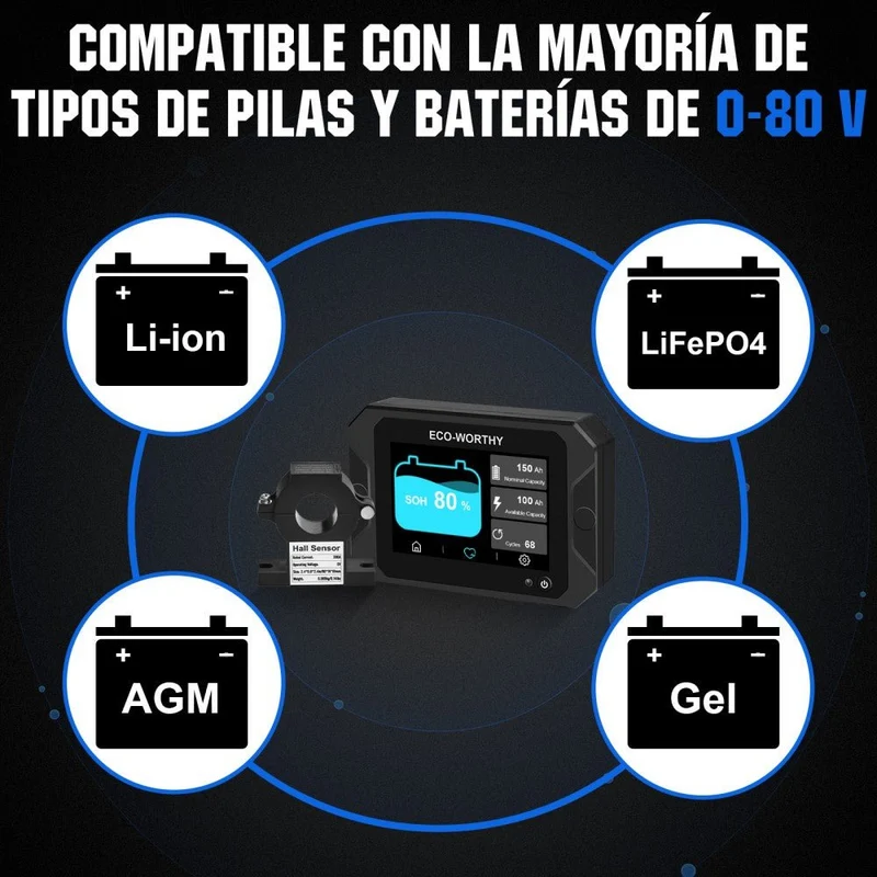 Monitor de batería con 3.5" pantalla táctil de 300A con sensor Hall para baterías AGM y de litio (LiFePO4)