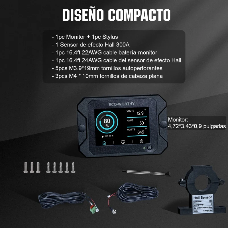 Monitor de batería con 3.5" pantalla táctil de 300A con sensor Hall para baterías AGM y de litio (LiFePO4)