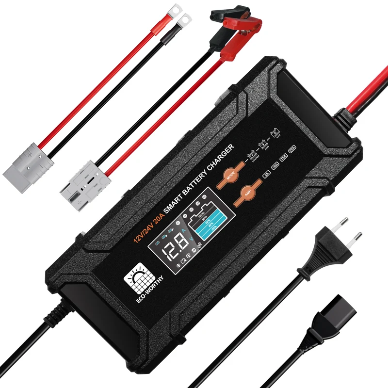 Cargador de batería inteligente de 20 A, 12 V/24 V con pantalla LCD para la mayoría de las baterías