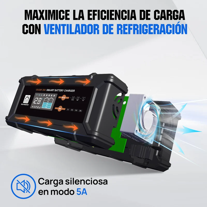 Cargador de batería inteligente de 20 A, 12 V/24 V con pantalla LCD para la mayoría de las baterías