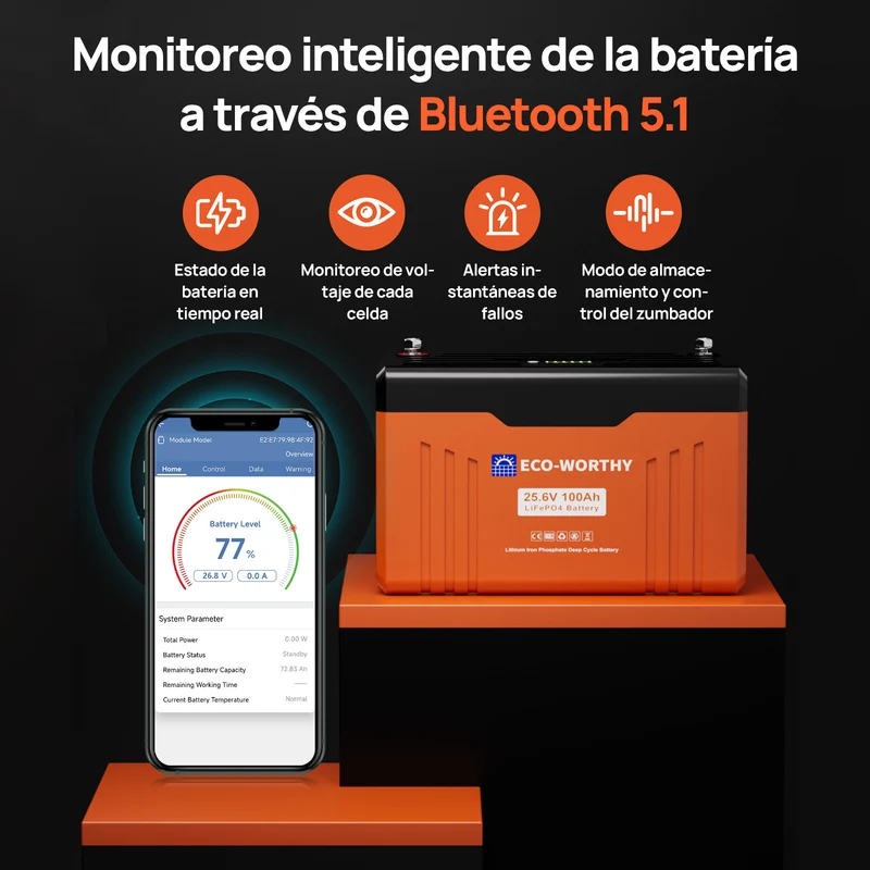 ECO-WORTHY EnergyTrek Batería Litio LiFePO4 24V 100Ah Con Bluetooth y WiFi