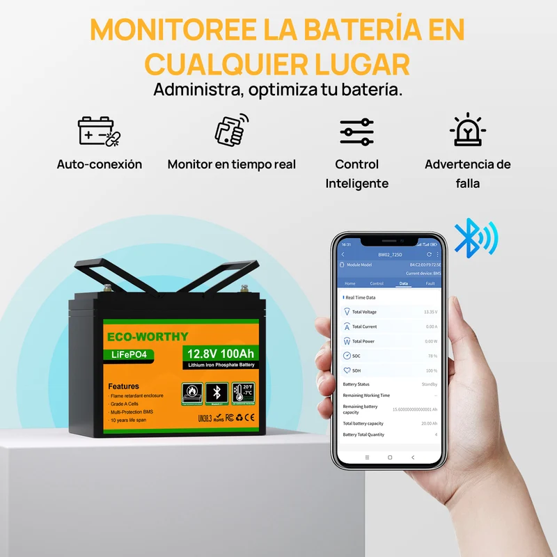 ECO-WORTHY Batería Litio LiFePO4 12V 100Ah con Bluetooth