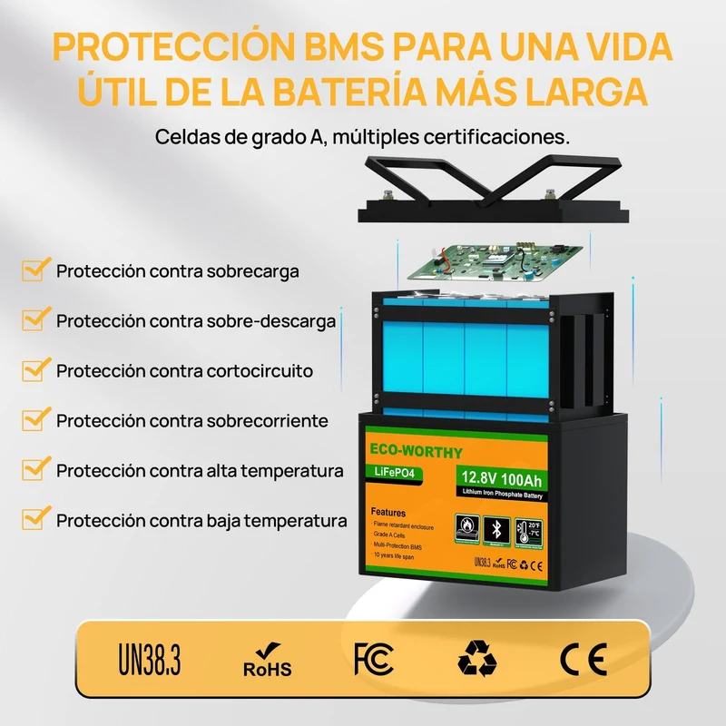 ECO-WORTHY Batería Litio LiFePO4 12V 100Ah con Bluetooth