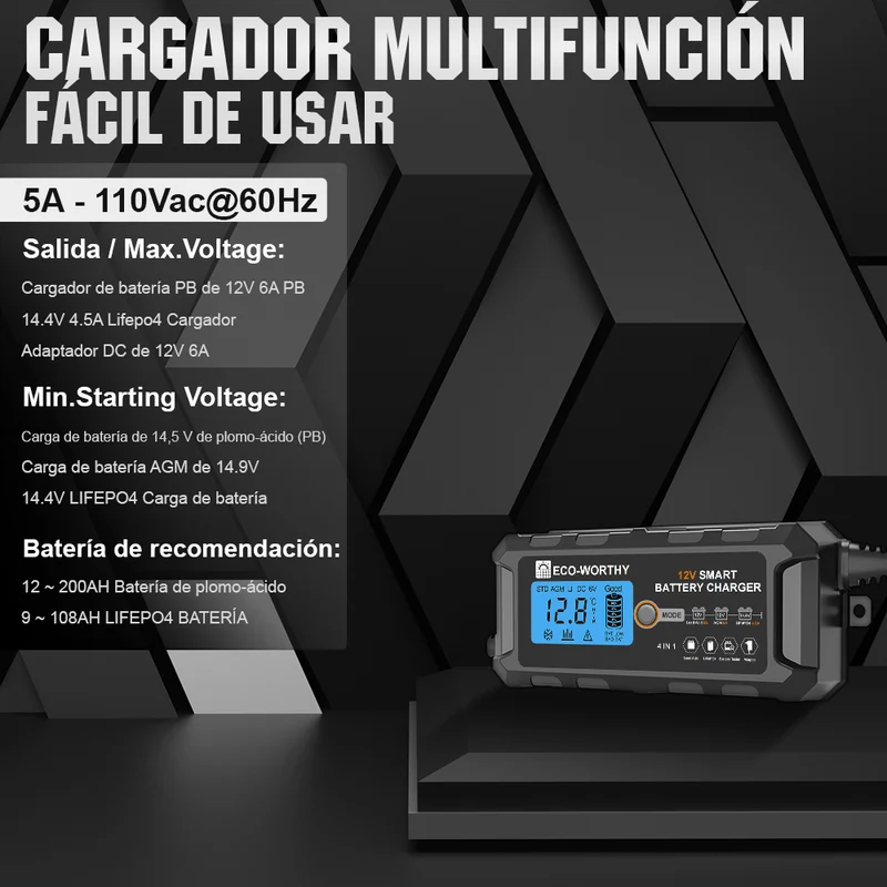 Cargador de batería inteligente automático de 5A y 10A 12V con pantalla LCD para baterías de litio (LiFePO4)