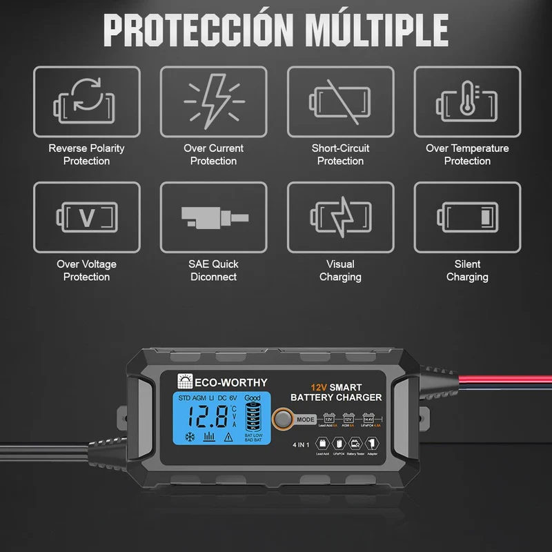 Cargador de batería inteligente automático de 5A y 10A 12V con pantalla LCD para baterías de litio (LiFePO4)