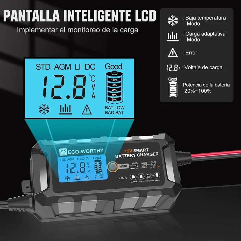 Cargador de batería inteligente automático de 5A y 10A 12V con pantalla LCD para baterías de litio (LiFePO4)