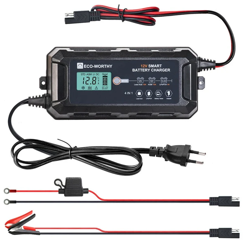 Cargador de batería inteligente automático de 5A y 10A 12V con pantalla LCD para baterías de litio (LiFePO4)