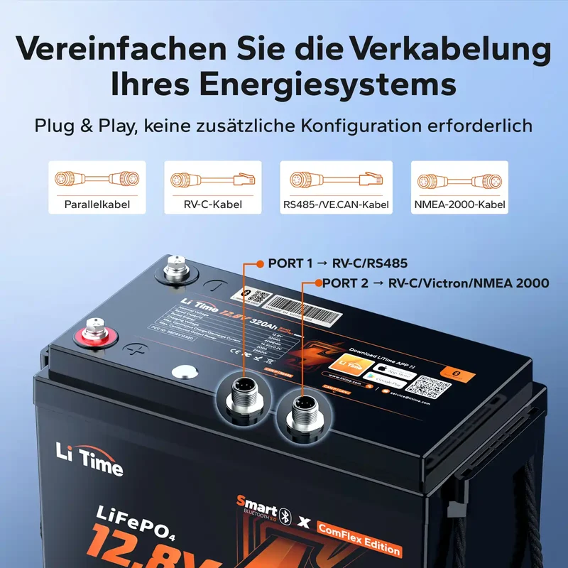 LiTime 12V 320Ah Bluetooth Selbstheizung LiFePO4 Batterie mit CAN & RS485 ComFlex – für Victron, RV-C & NMEA 2000