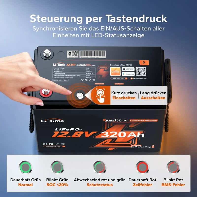 LiTime 12V 320Ah Bluetooth Selbstheizung LiFePO4 Batterie mit CAN & RS485 ComFlex – für Victron, RV-C & NMEA 2000