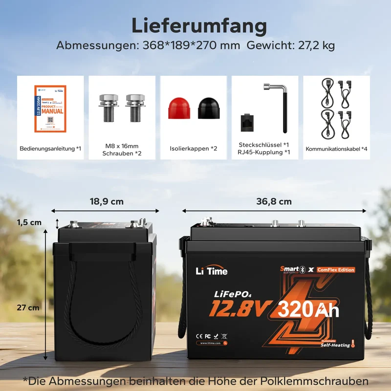 LiTime 12V 320Ah Bluetooth Selbstheizung LiFePO4 Batterie mit CAN & RS485 ComFlex – für Victron, RV-C & NMEA 2000