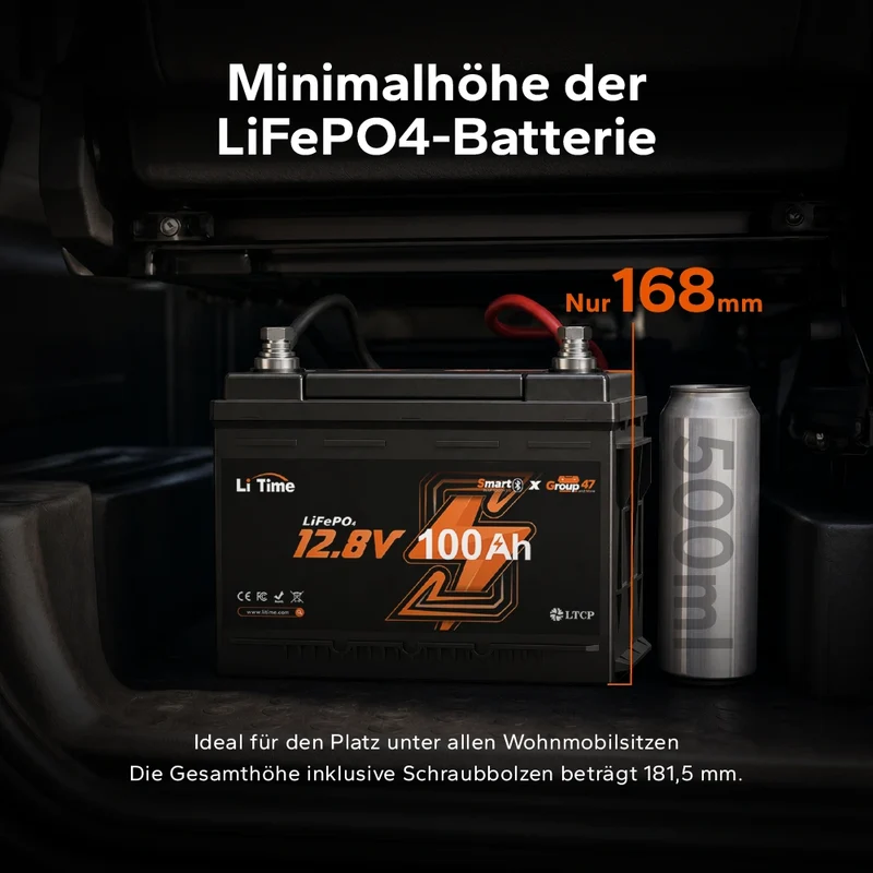 【Neu Eingetroffen】12V 100Ah LiFePO4 Batterie H168 mit Bluetooth – ultraflach für Wohnmobil‑Untersitz