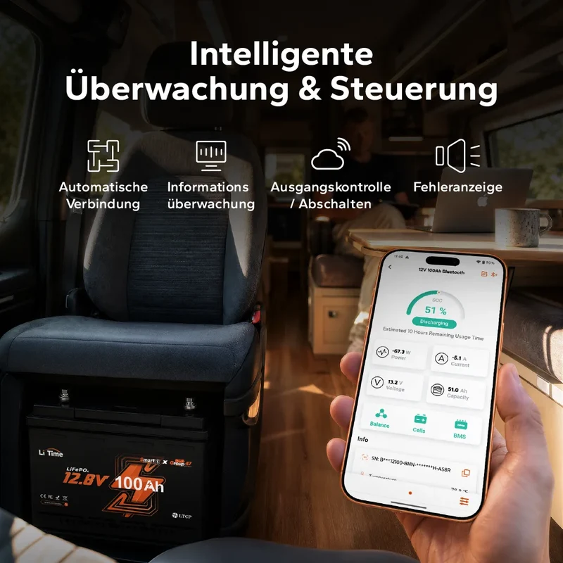 【Neu Eingetroffen】12V 100Ah LiFePO4 Batterie H168 mit Bluetooth – ultraflach für Wohnmobil‑Untersitz
