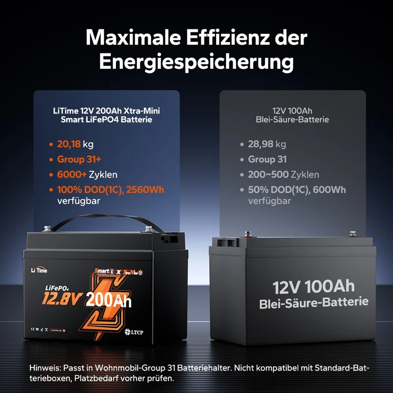 LiTime 12V 200Ah Xtra Mini LiFePO4 Batterie mit Bluetooth für Wohnmobile & Camping