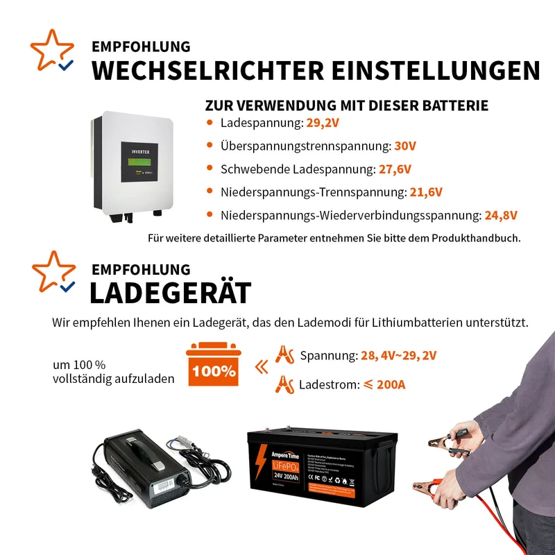 Ampere Time 24V 200Ah 5.12kWh Tiefzyklus LiFePO4 Batterie mit längerer Laufzeit, integriertem 200A BMS