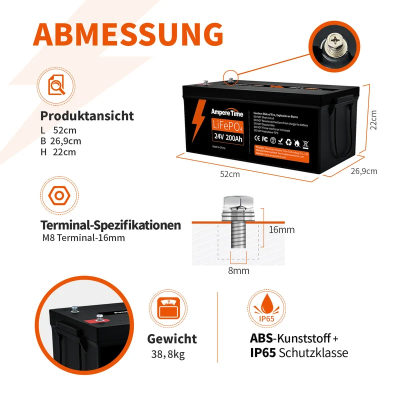 Ampere Time 24V 200Ah 5.12kWh Tiefzyklus LiFePO4 Batterie mit längerer Laufzeit, integriertem 200A BMS