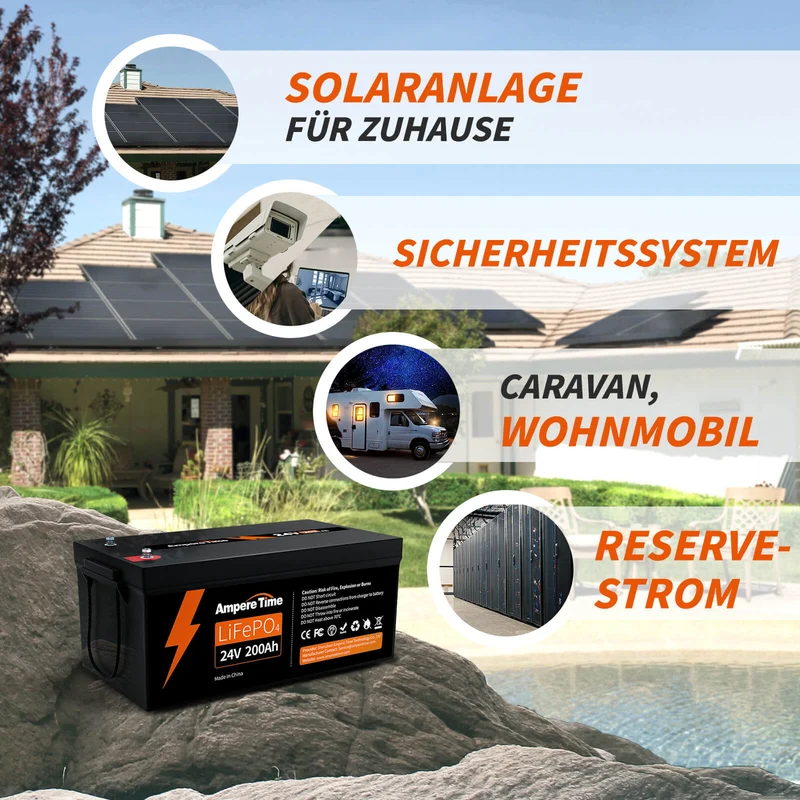 Ampere Time 24V 200Ah 5.12kWh Tiefzyklus LiFePO4 Batterie mit längerer Laufzeit, integriertem 200A BMS