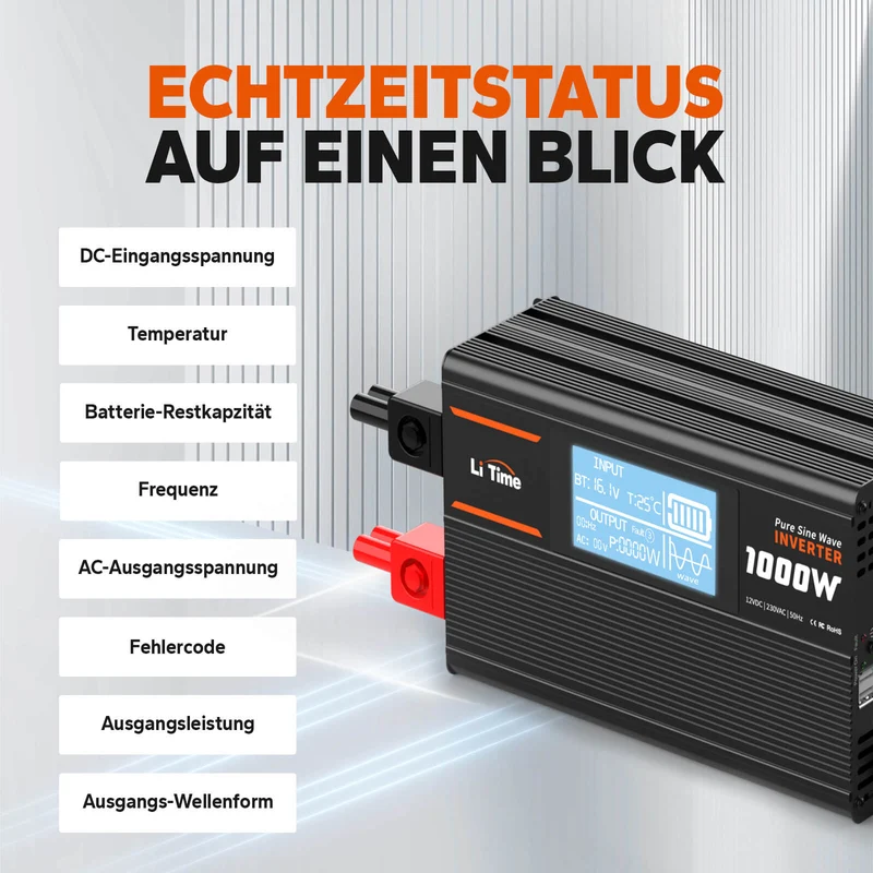 [Gebraucht-Like New] LiTime 1000W Reiner Sinsuswellen Wechselrichter 12VDC zu 230VAC Konverter