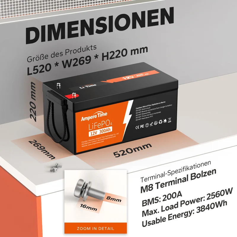 [Gebraucht] Ampere Time 12V 100Ah/200Ah/300Ah Lithium-Eisenphosphat LiFePO4 Batterie