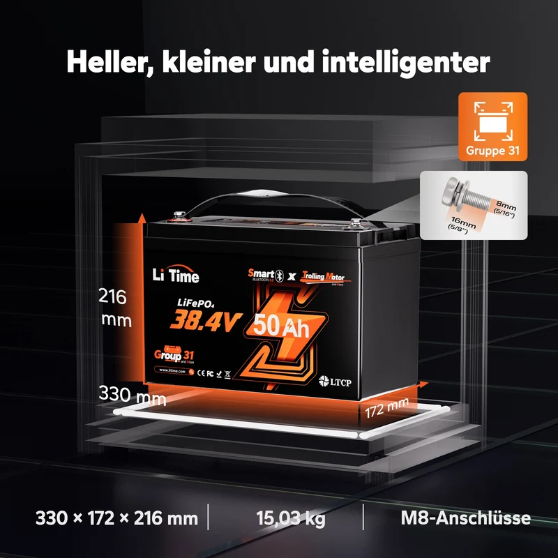LiTime 36V 50Ah Bluetooth Deep Cycle Lithium Batterie – Group 31 für 120lb Trolling Motor & Marine