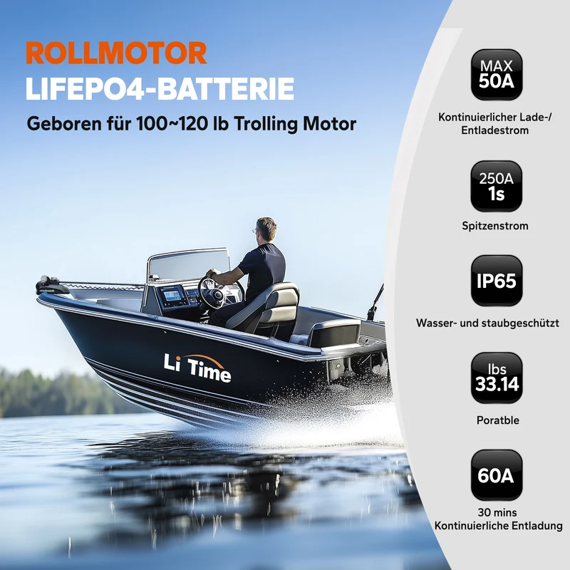 LiTime 36V 50Ah Bluetooth Deep Cycle Lithium Batterie – Group 31 für 120lb Trolling Motor & Marine