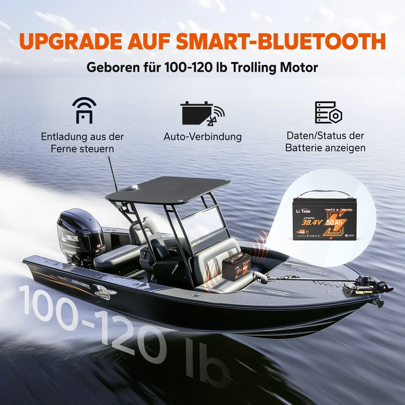 LiTime 36V 50Ah Bluetooth Deep Cycle Lithium Batterie – Group 31 für 120lb Trolling Motor & Marine