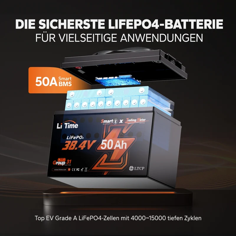 LiTime 36V 50Ah Bluetooth Deep Cycle Lithium Batterie – Group 31 für 120lb Trolling Motor & Marine