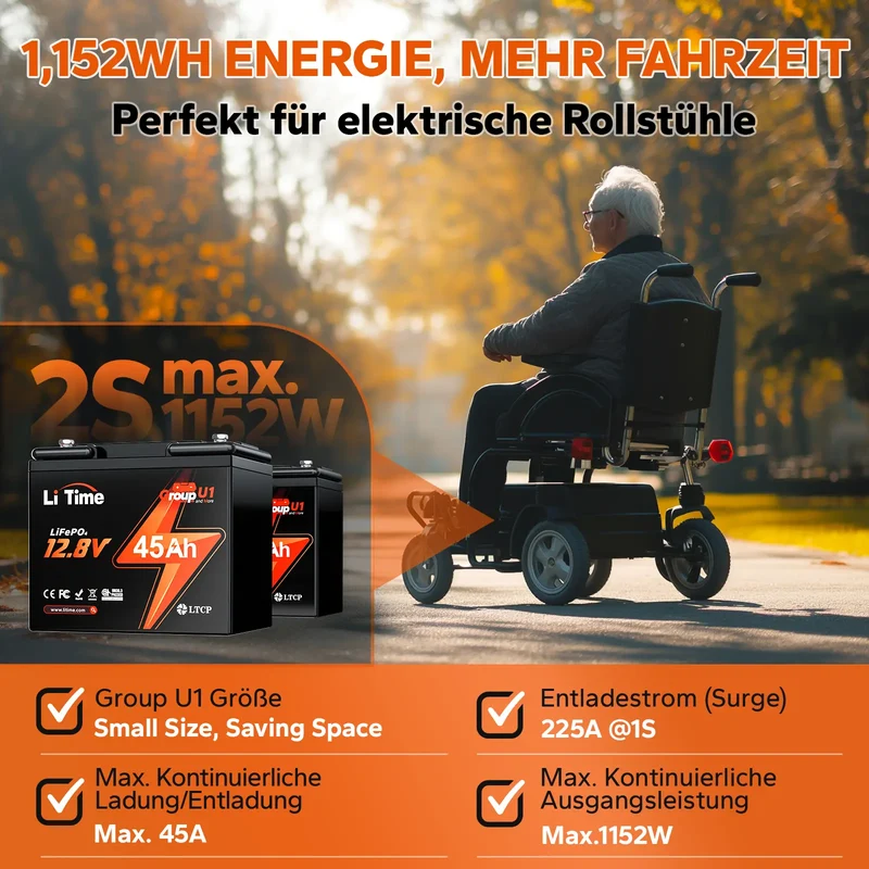 【Nicht mehr erhältlich】LiTime 12V 45Ah Group U1 Deep Cycle Lithium-Batterie Rollstuhl und Seniorenmobil, Elektromobil