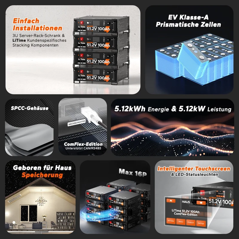 LiTime LiFePO4 51,2V 100Ah Solarbatterie Smart ComFlex 3U rack mit BMS