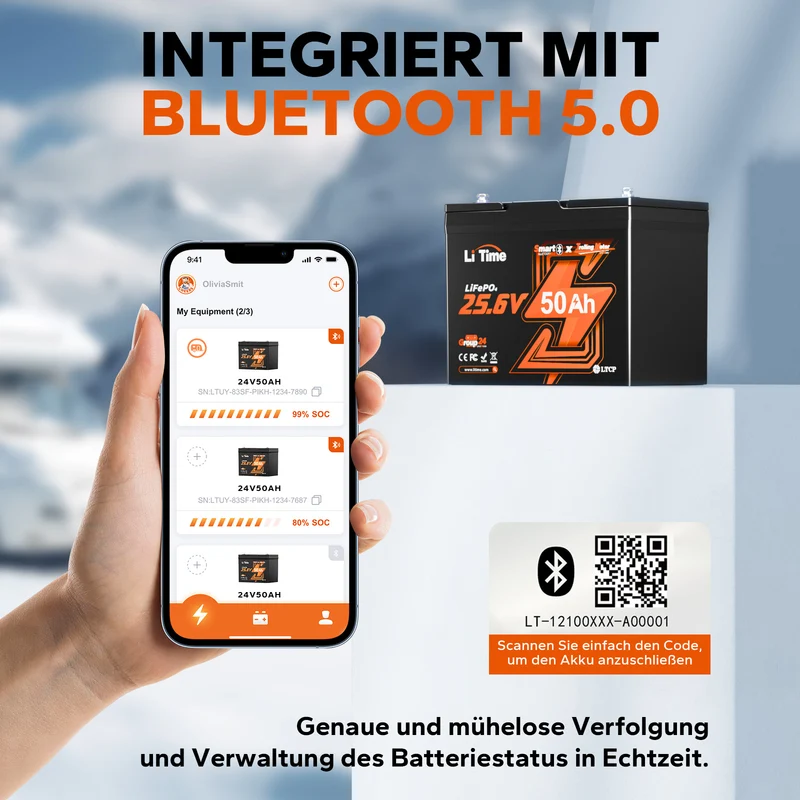 LiTime 24V 50Ah Bluetooth Deep Cycle Lithium Batterie für 100lb Elektromotor-Boote