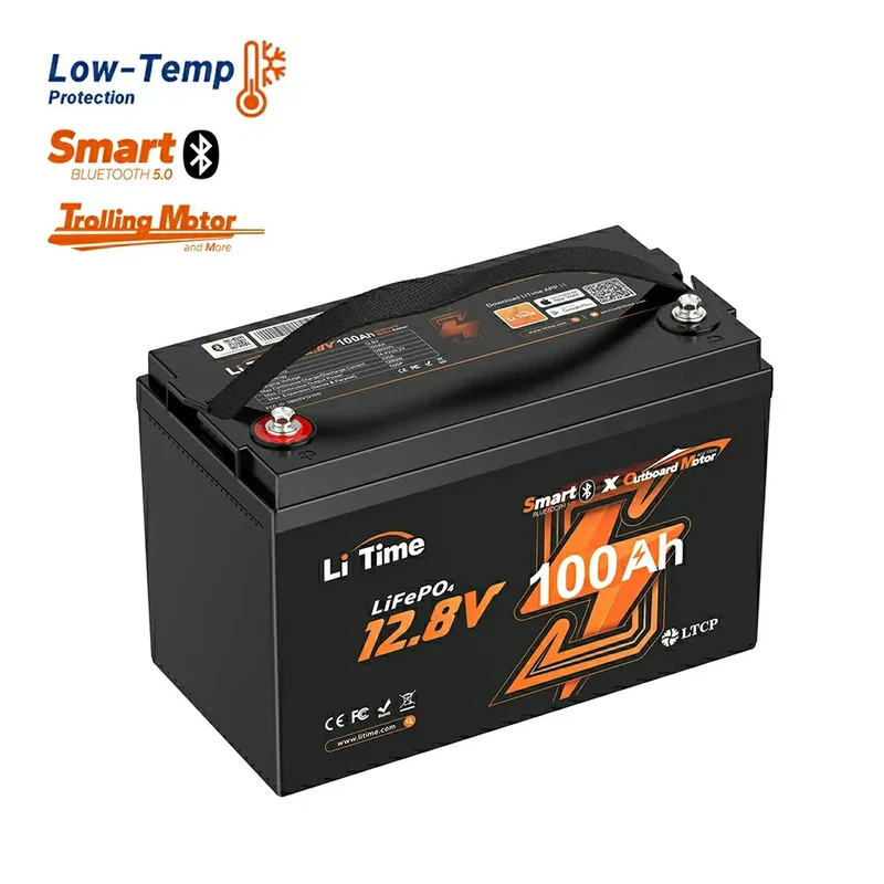 LiTime 12V 100Ah Smart LiFePO4 Marine-Batterie für elektrischen Außenbord-Trolling-Motor
