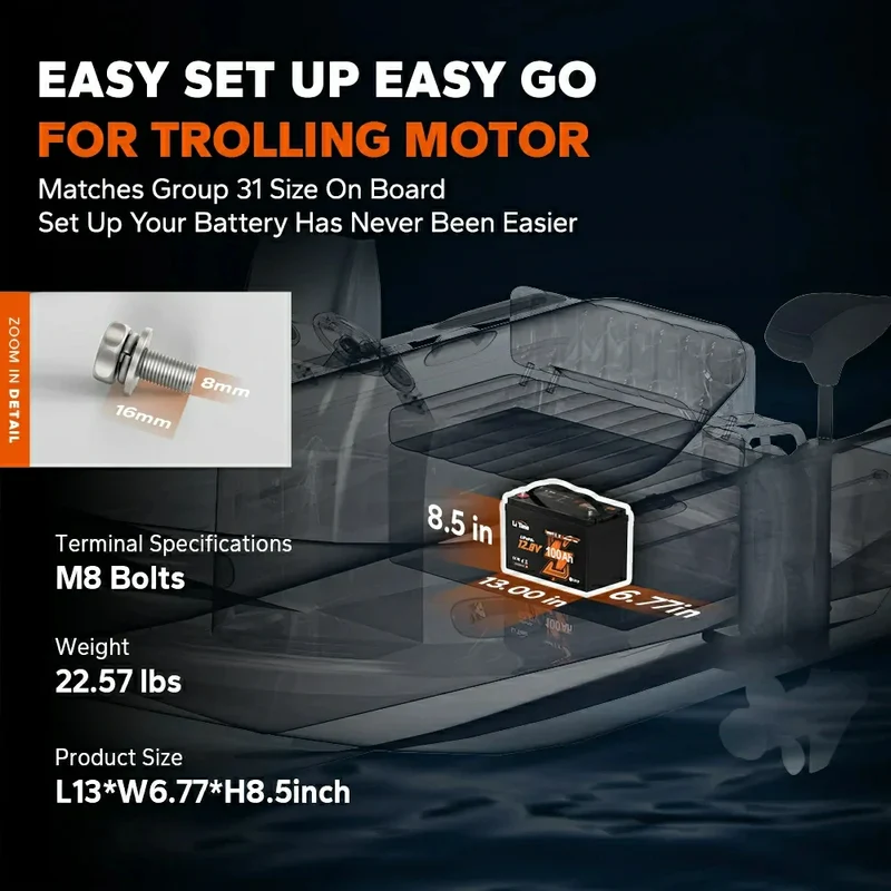 LiTime 12V 100Ah Smart LiFePO4 Marine-Batterie für elektrischen Außenbord-Trolling-Motor