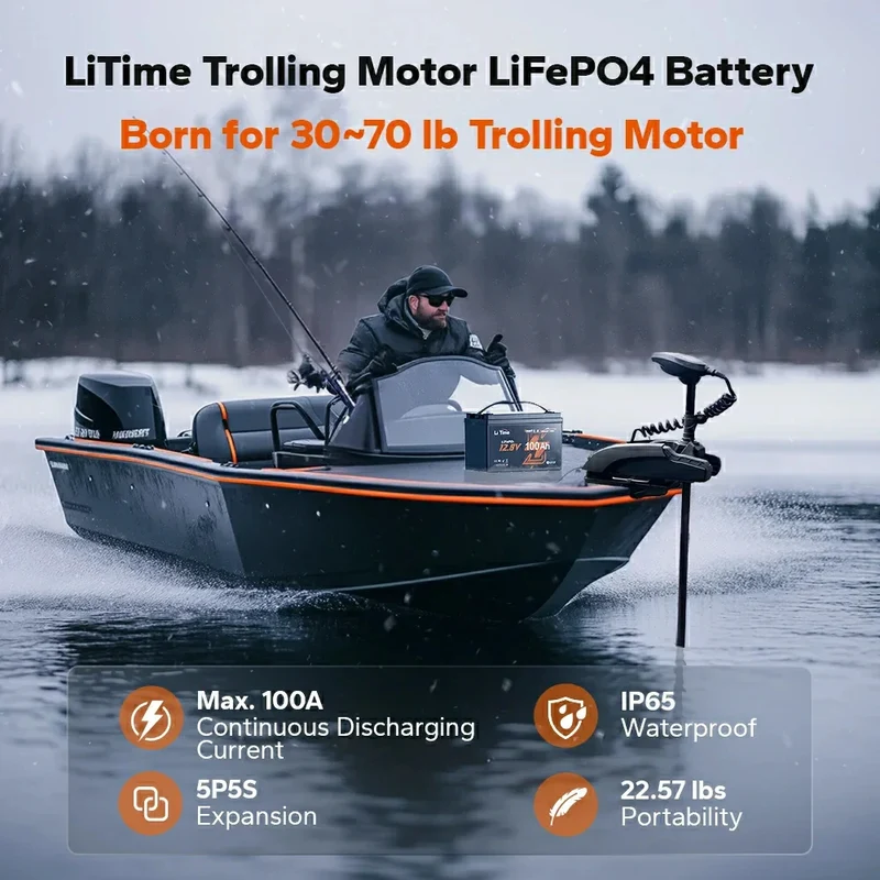 LiTime 12V 100Ah Smart LiFePO4 Marine-Batterie für elektrischen Außenbord-Trolling-Motor