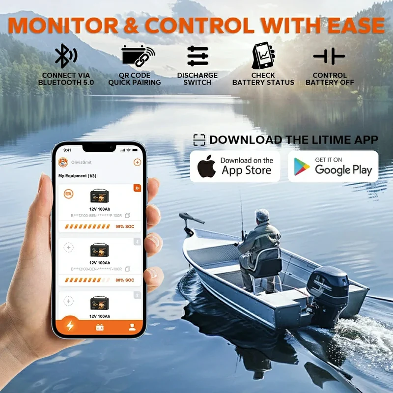 LiTime 12V 100Ah Smart LiFePO4 Marine-Batterie für elektrischen Außenbord-Trolling-Motor