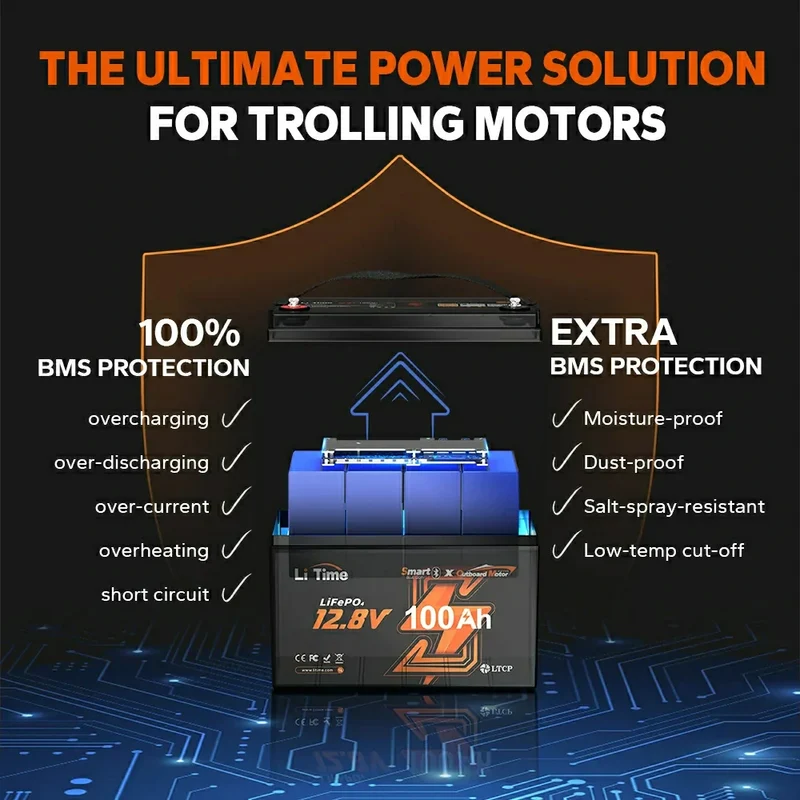 LiTime 12V 100Ah Smart LiFePO4 Marine-Batterie für elektrischen Außenbord-Trolling-Motor