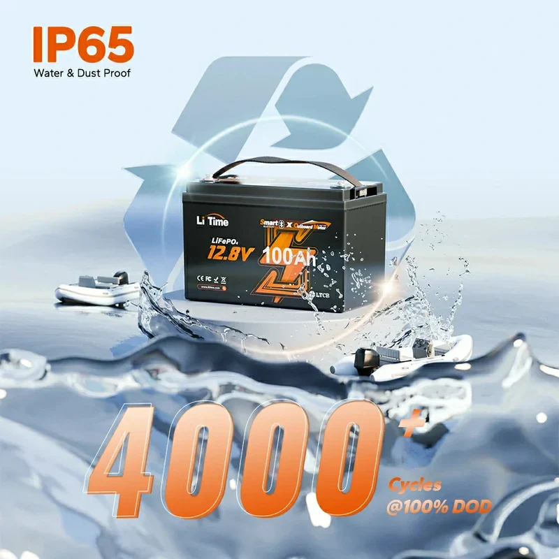 LiTime 12V 100Ah Smart LiFePO4 Marine-Batterie für elektrischen Außenbord-Trolling-Motor