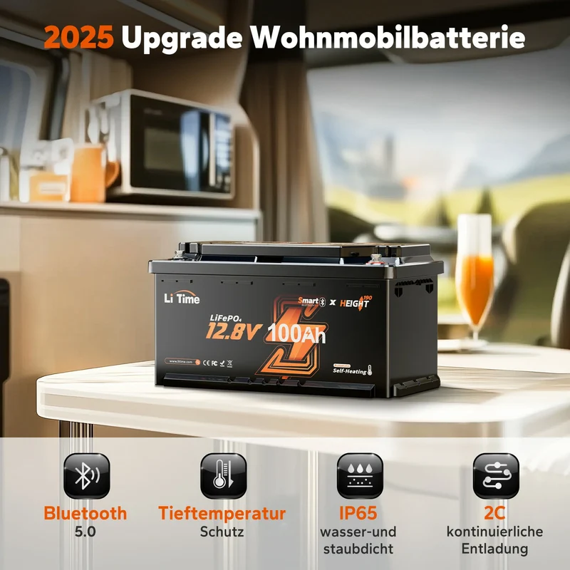 0% MwSt. LiFePO4 12V 100Ah H190 Batterie – 200A Dauerstrom für Wohnmobil-Mover mit Bluetooth, Heizung & Untersitz DIN H8