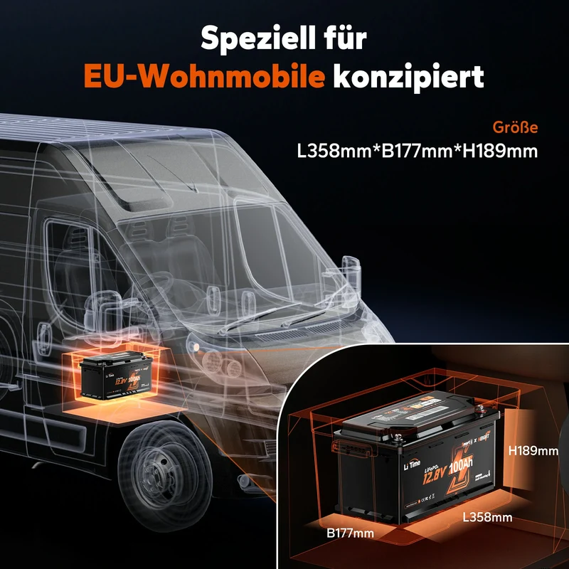 0% MwSt. LiFePO4 12V 100Ah H190 Batterie – 200A Dauerstrom für Wohnmobil-Mover mit Bluetooth, Heizung & Untersitz DIN H8