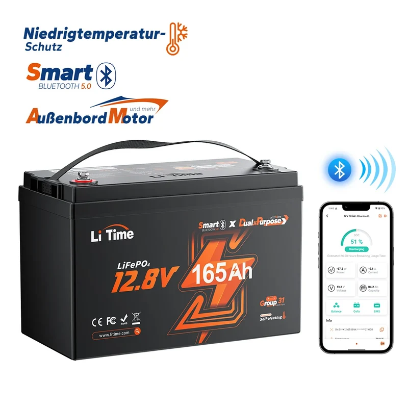 LiTime 12V 165Ah Dual-Purpose LiFePO4-Batterie mit 1200 CCA und Selbstheizung für Wohnmobil und Marine