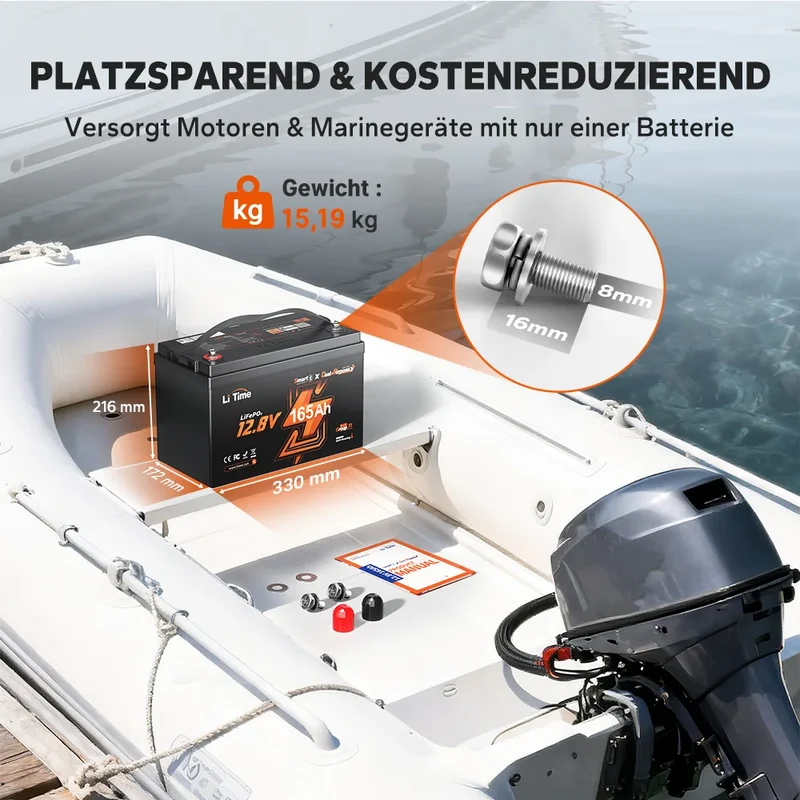LiTime 12V 165Ah Dual-Purpose LiFePO4-Batterie mit 1200 CCA und Selbstheizung für Wohnmobil und Marine