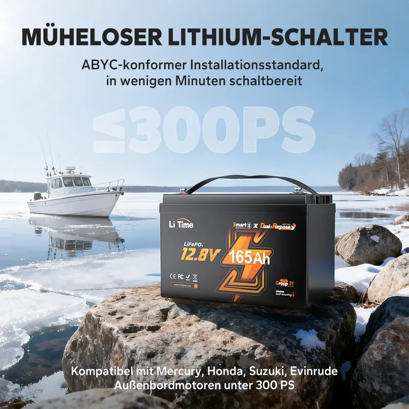 LiTime 12V 165Ah Dual-Purpose LiFePO4-Batterie mit 1200 CCA und Selbstheizung für Wohnmobil und Marine