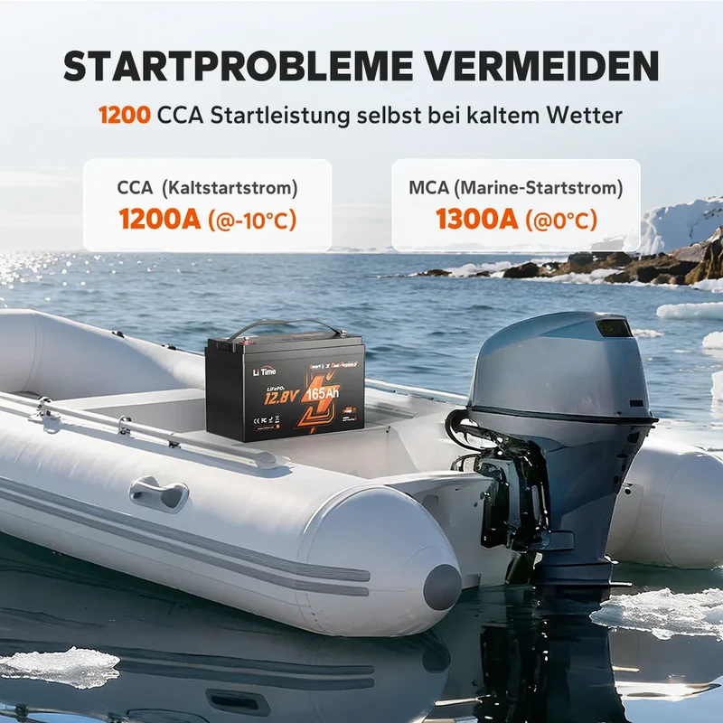 LiTime 12V 165Ah Dual-Purpose LiFePO4-Batterie mit 1200 CCA und Selbstheizung für Wohnmobil und Marine